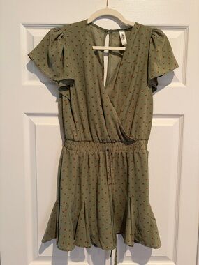 mahina Olive Green Printed Short-Sleeve Romper